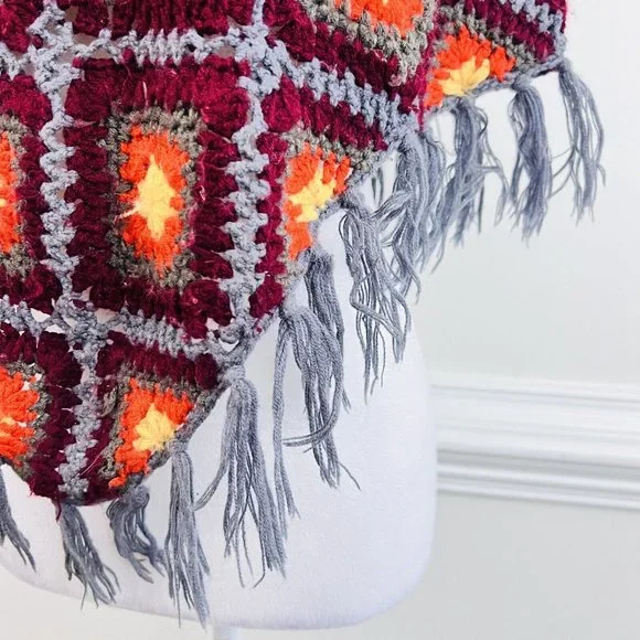 Granny Square Blue, Red, Orange Crocheted Fringe Boho Hippie Fringed Shawl - Picture 4 of 6